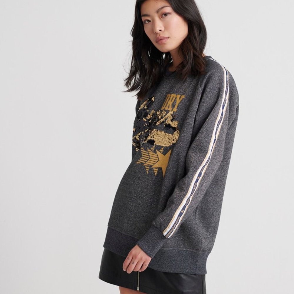 Superdry Boutique Star Crew Sweatshirt Gray Gold Sequin Medium Large Pullover